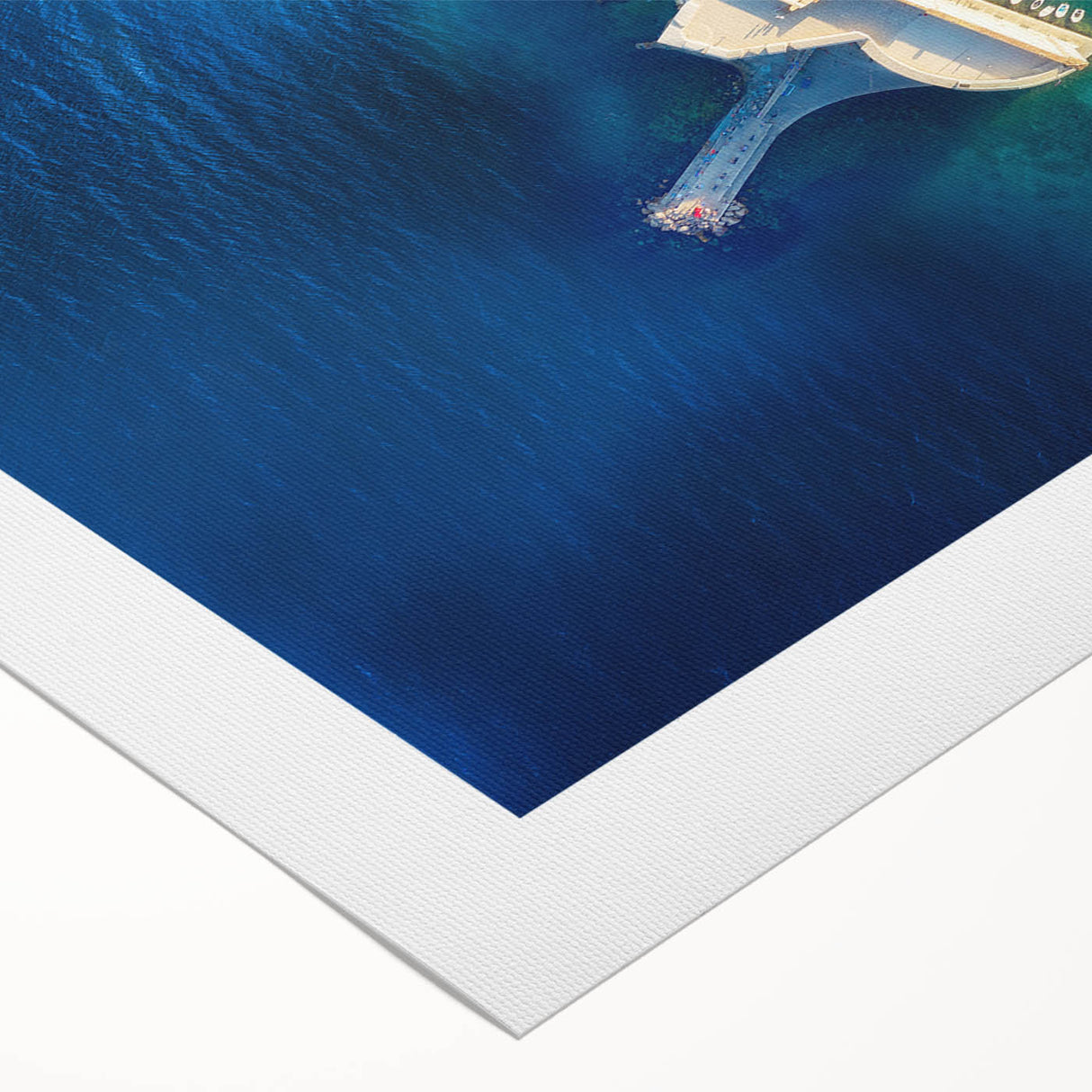 Art deco poster of a scenic Croatian coastline in muted blue and green tones on rolled canvas.