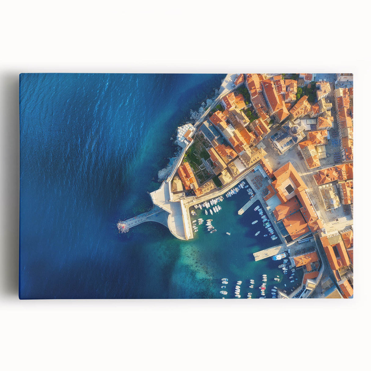 Black and white stretched canvas of a European Croatian landscape, ideal for kitchen wall art.