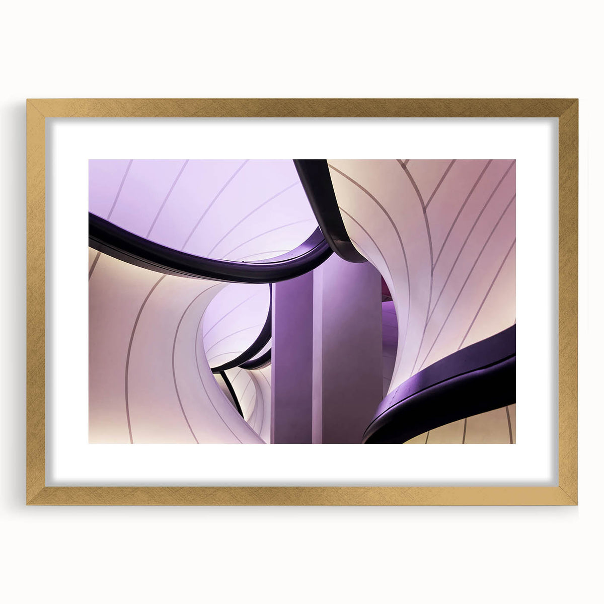 Abstract art print of the London skyline in muted gold and blue tones, framed with a gold mat, ideal for dining room decor.