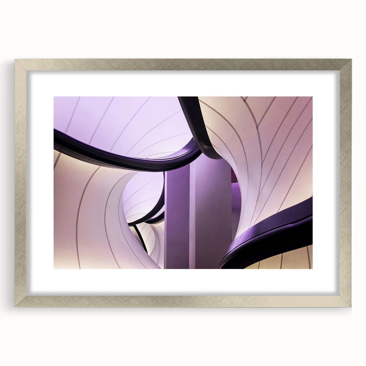 Extra large abstract art print of London scenery in muted colors on a textured canvas, framed in silver.