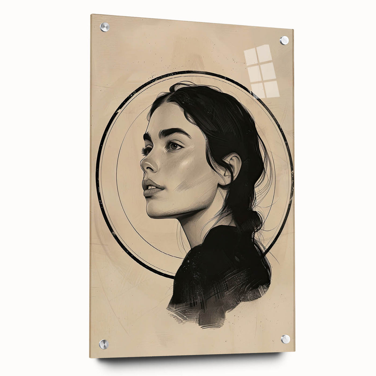 Abstract minimalist wall art design displayed in a sleek acrylic glass frame, showcasing a modern aesthetic with vibrant colors and refined lines, ideal for contemporary decor.