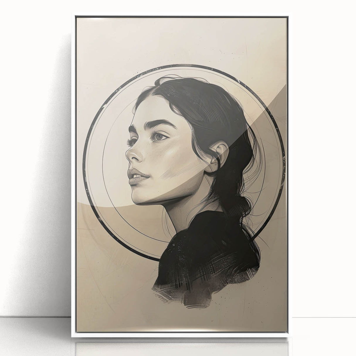 Framed abstract minimalist wall art featuring soft white tones and geometric shapes, displayed from the front in an elegant setting, perfect for modern decor.