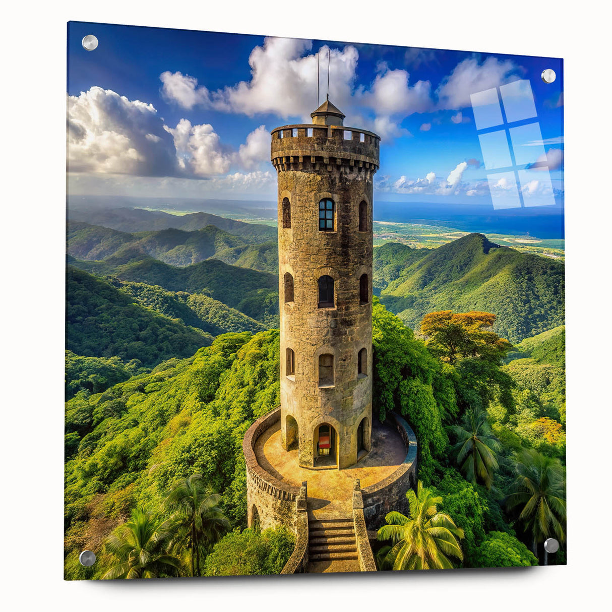 Large abstract wall art depicting a Caribbean scenery in vibrant blues and greens on acrylic glass.