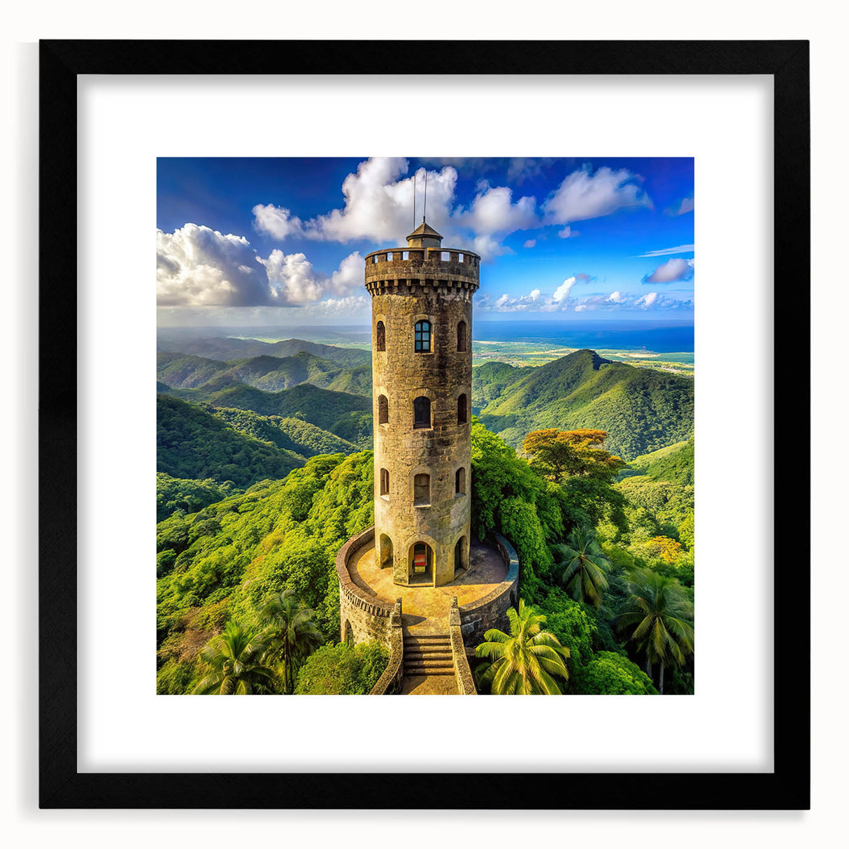 Extra large colorful abstract art print of a textured Caribbean scene in a black frame, ideal for living room decor.