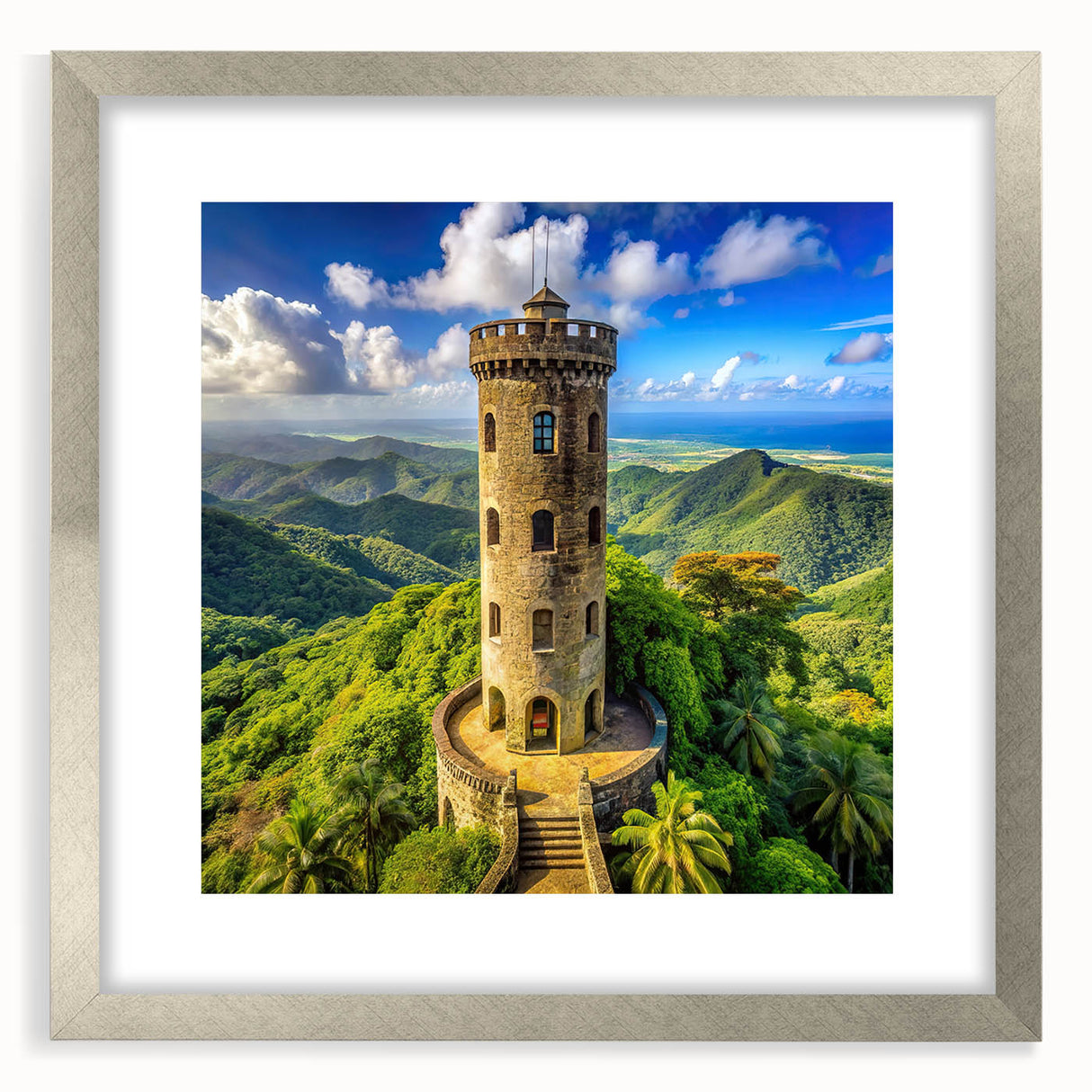 Extra large abstract art print of a textured Caribbean scenery in muted blue and green hues, framed in silver.