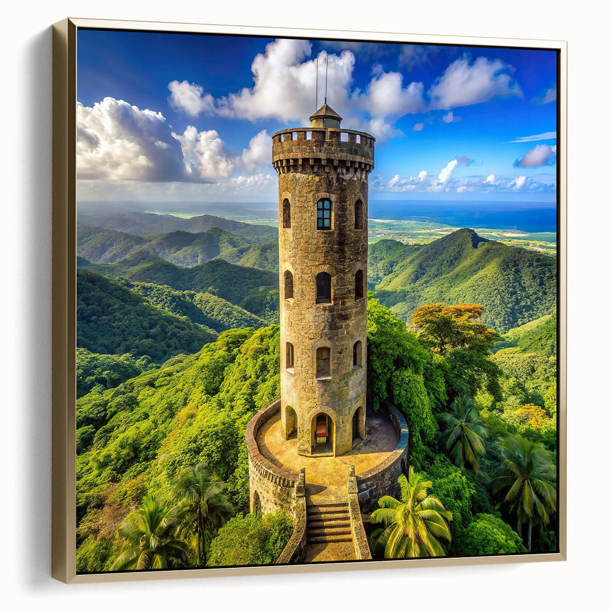 Framed canvas landscape painting of a Caribbean scene in silver and gold tones, ideal for bedroom wall decor.