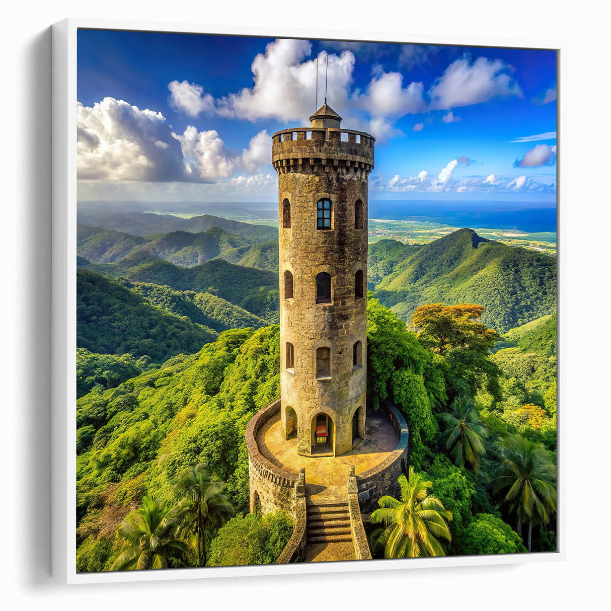 Vintage poster art of a Caribbean scenery in vibrant colors on a framed canvas, ideal for living room decor.