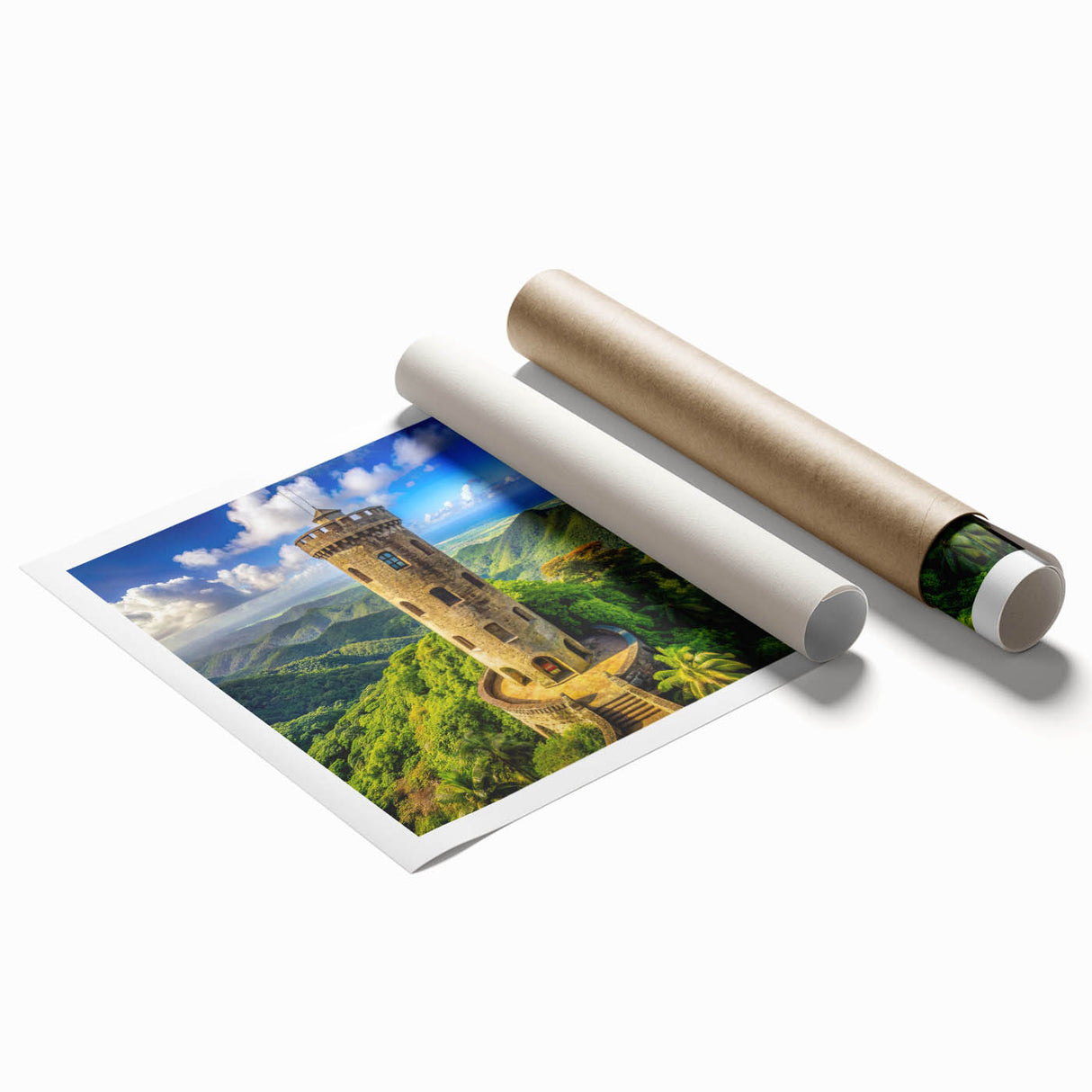 Extra large rolled print of a lush Caribbean landscape with vibrant greens and blues, ideal for classy bathroom wall art.