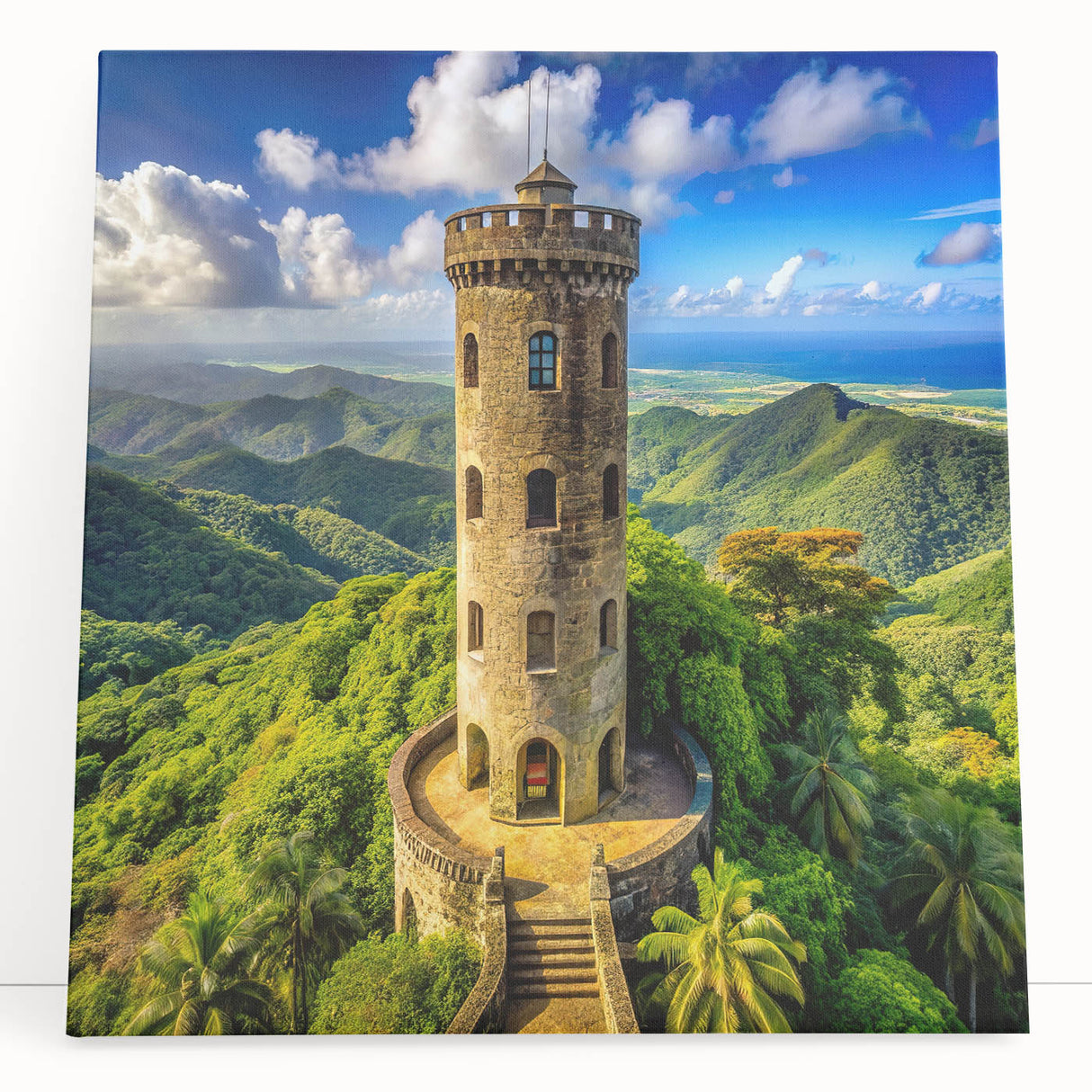 Large black and white stretched canvas of a scenic Caribbean coastline, suitable as kitchen wall art.