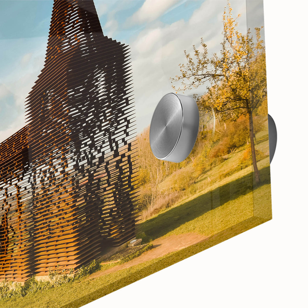 Large abstract wall art of a European scenery in muted earth tones, acrylic glass format, ideal for dining room art.