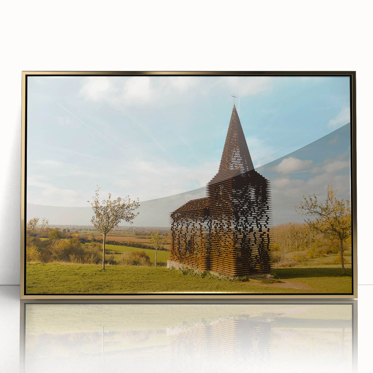 Art deco poster of a European scenery in Belgium, with muted gold and blue tones on framed acrylic.