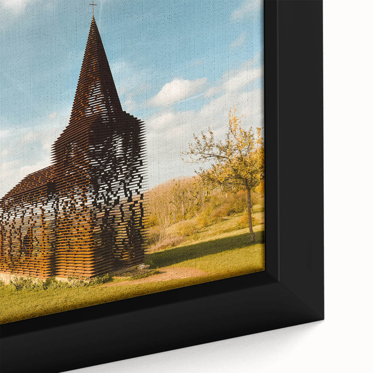 Close-up of extra large black wall art featuring a textured European scenery, ideal for living room decor.