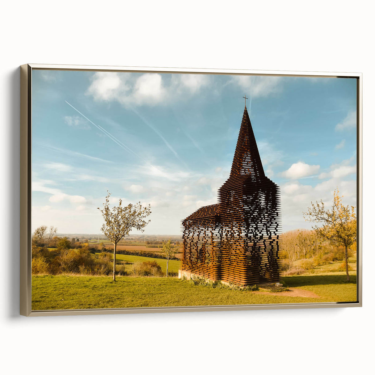 Framed canvas depicting a vintage European landscape in black and gold tones, ideal for bedroom wall art.