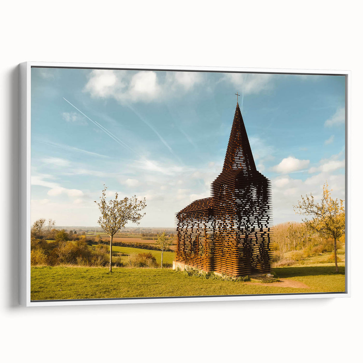 Vintage poster art of a European Belgian landscape on a framed canvas, featuring a blend of colorful and black tones.
