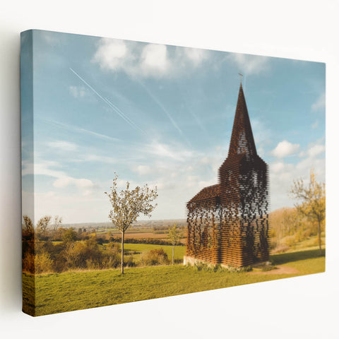 Large stretched canvas depicting a serene Belgian landscape in muted earth tones, suitable as kitchen wall art.