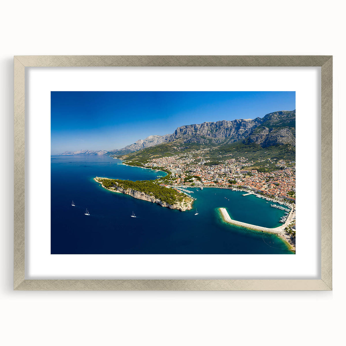 Extra large abstract art print of a European Croatian scenery in silver frame, ideal for living room decor.