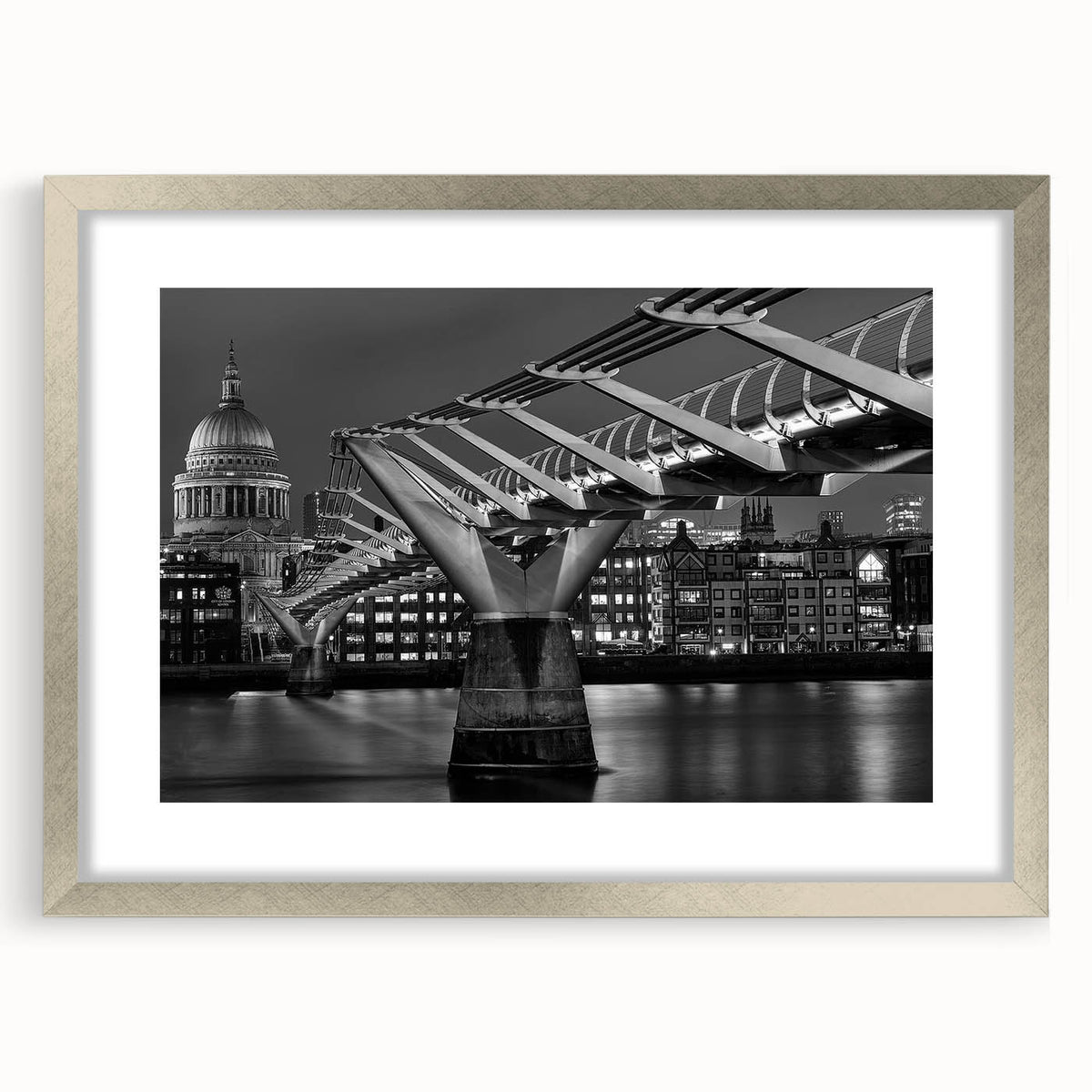 Extra large abstract art print of London scenery in textured silver frame, ideal for living room decor.