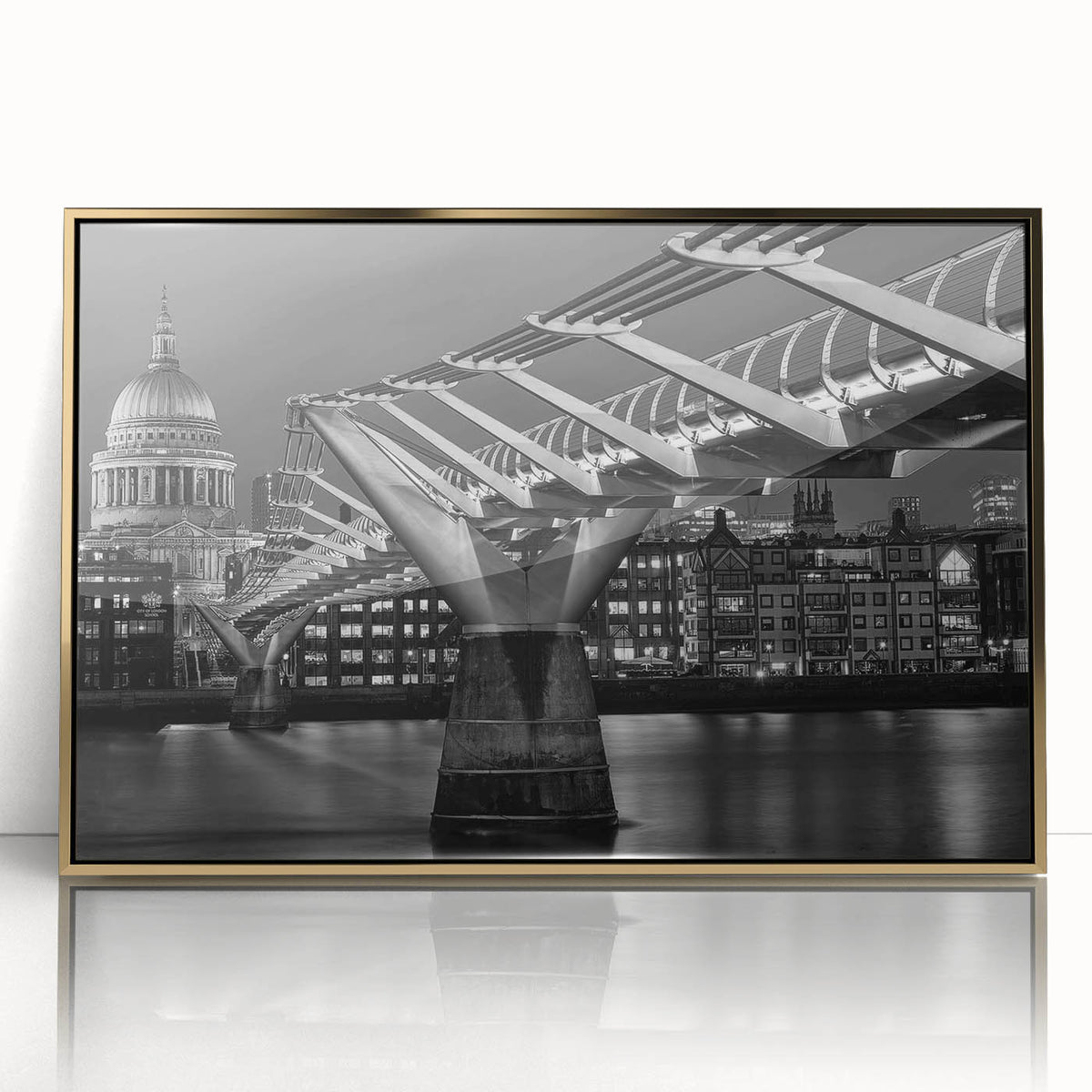Art deco poster of London skyline in gold and black tones on acrylic, ideal for modern art wall decor.