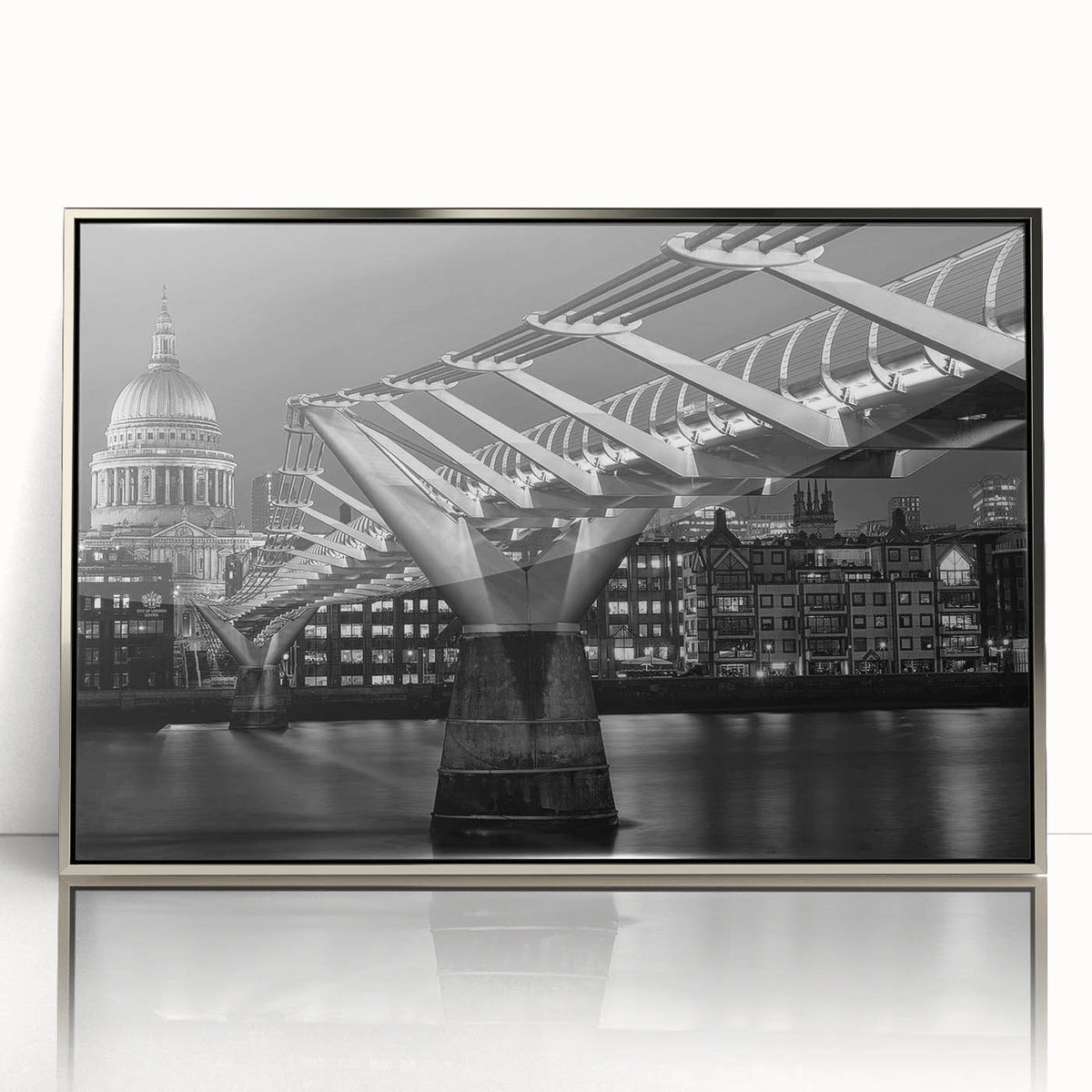 Large art print of London scenery in mid-century modernist style, acrylic framed in silver, ideal for nursery wall art.