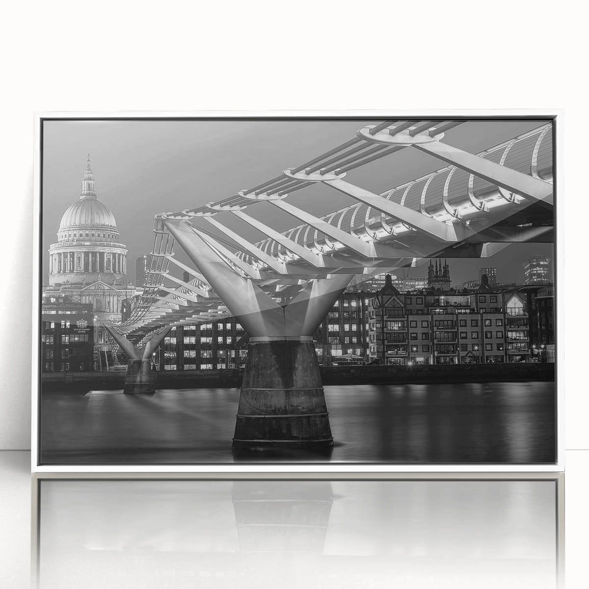 Mid-century modernist art of the London skyline in muted colors on a framed acrylic, suitable for nursery wall decor.