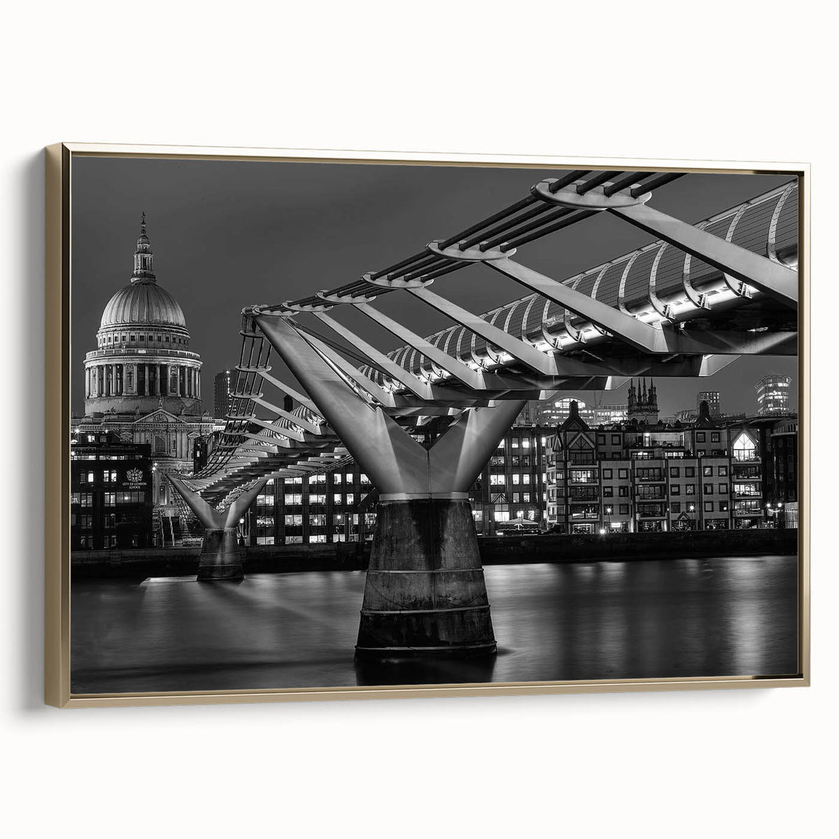 Framed canvas of a vintage-style London landscape in black and gold tones, ideal for bedroom wall art.