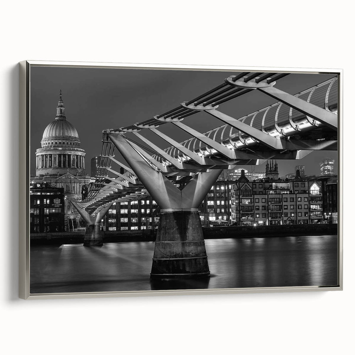Landscape art of London featuring Big Ben and River Thames in muted black and colorful tones on a framed canvas.