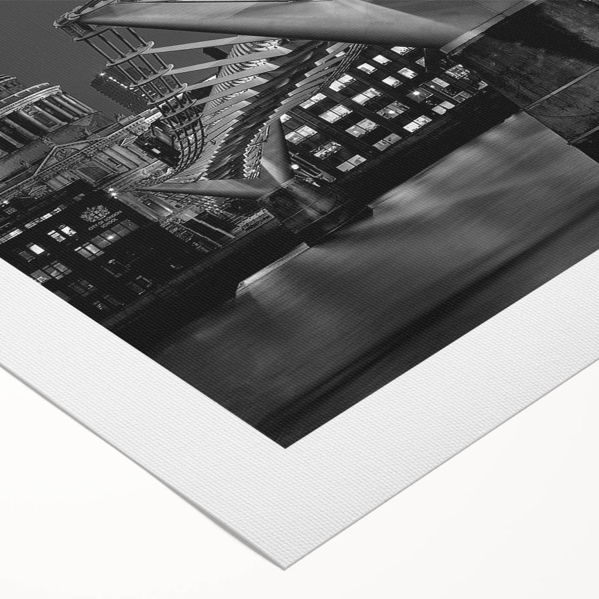 Art deco poster of London scenery in muted blue and gray tones on rolled canvas, suitable for dining room decor.