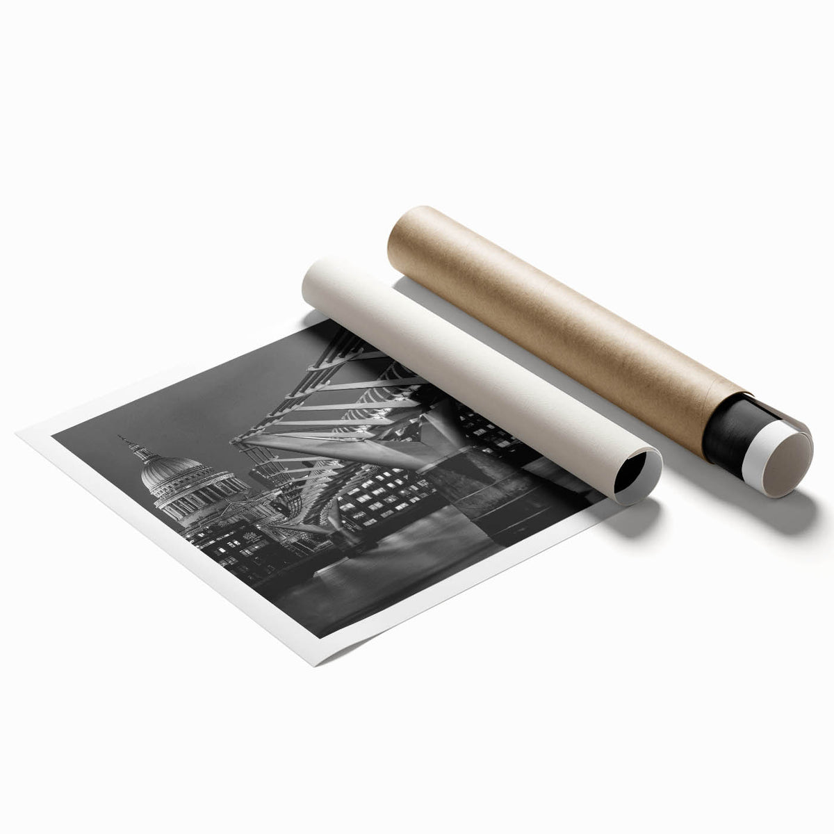 Extra large rolled print of London scenery with floral accents in pastel shades, suitable for classy bathroom wall art.