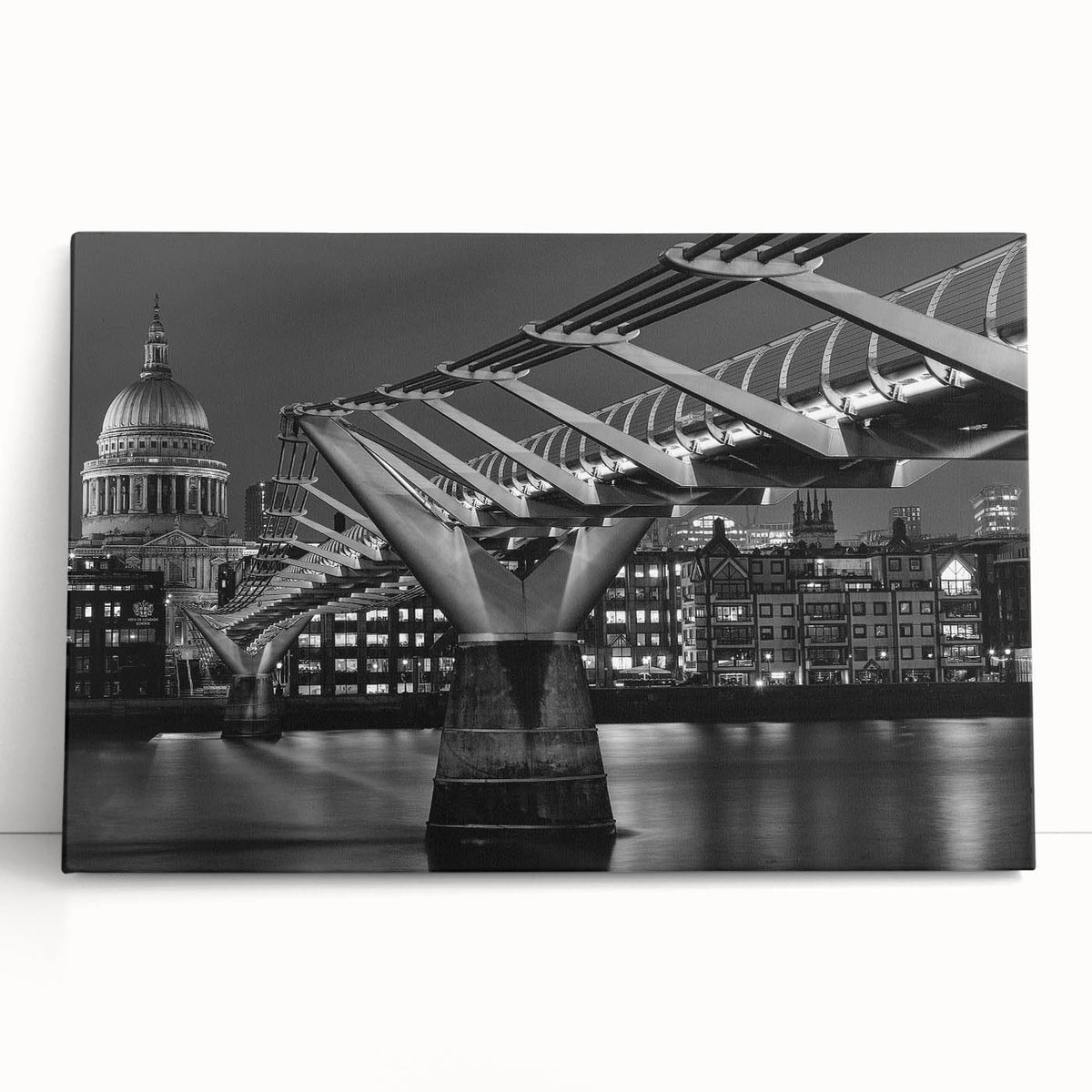 Black and white stretched canvas of London skyline, ideal for kitchen wall art.
