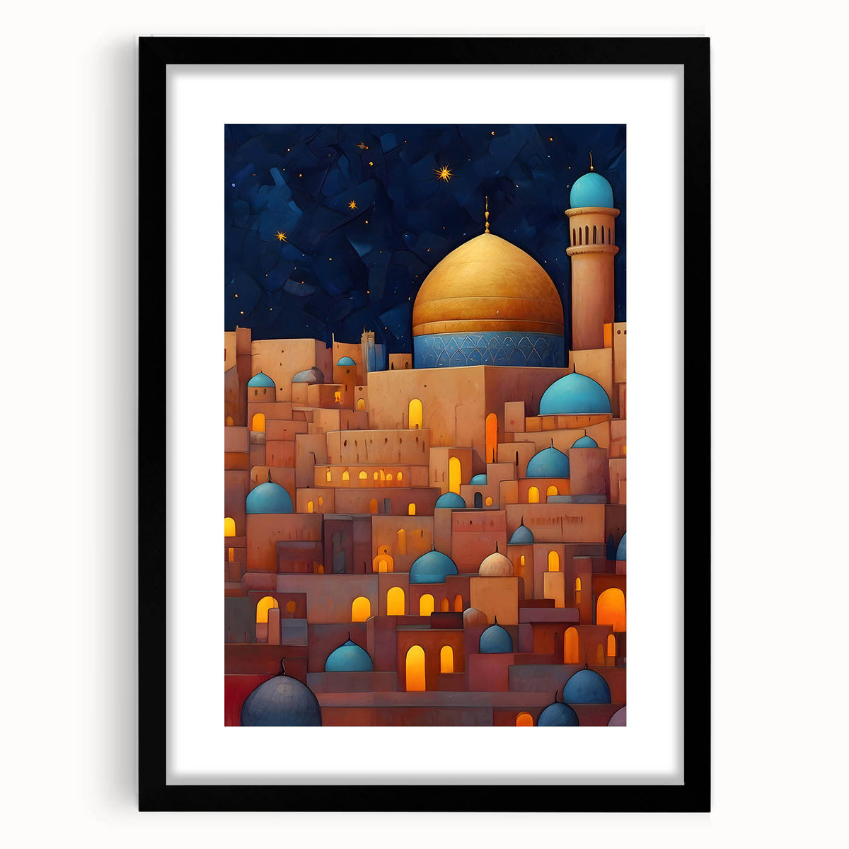 Extra large abstract art print depicting a colorful, textured scenery of Middle Eastern architecture, framed in black.