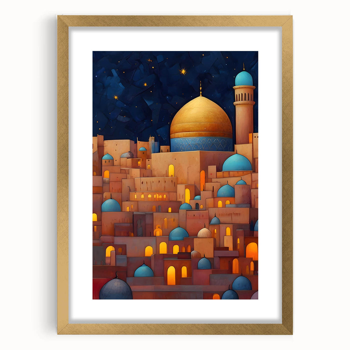 Extra large abstract art print depicting a textured scenery of Middle Eastern Iran in muted earth tones, framed in gold.