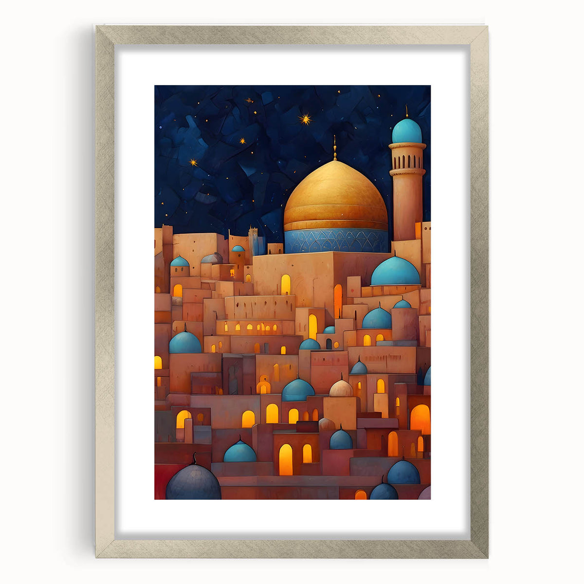 Textured abstract art print depicting a Middle Eastern scenery in muted earth tones on a silver-framed mat.