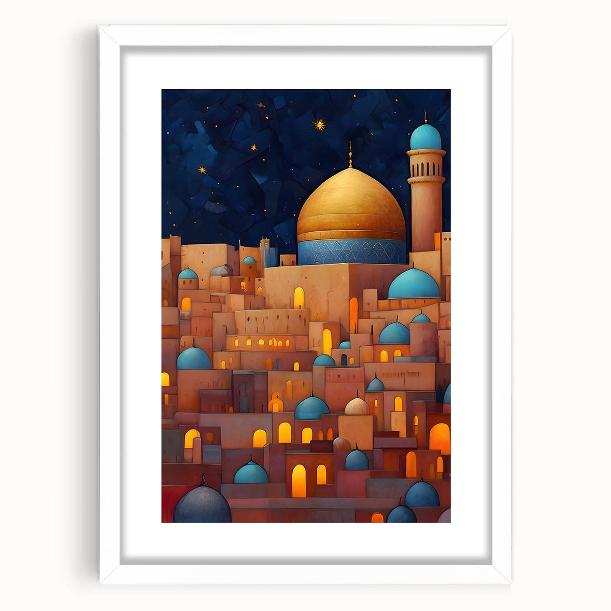 Abstract art print depicting a scenic view of a Middle Eastern landscape in muted earth tones, framed with a white mat.