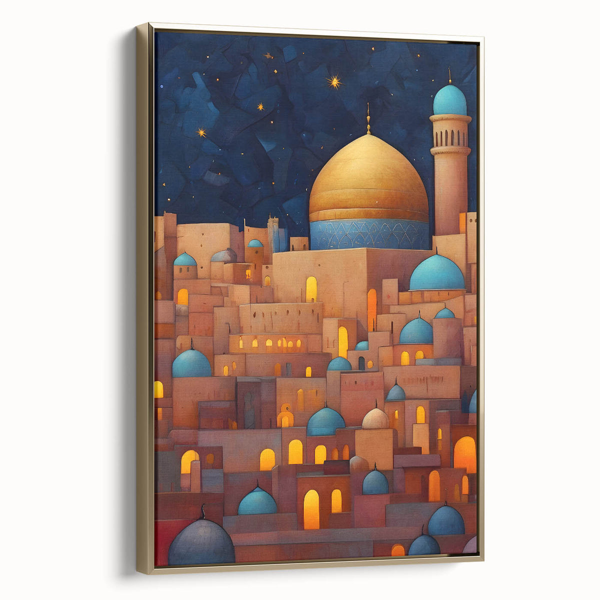 Framed canvas wall art depicting a vintage-style landscape of a Middle Eastern scenery in black and gold tones.