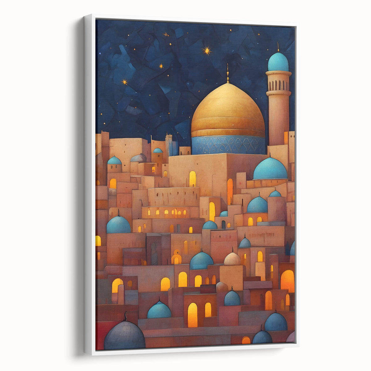 Vintage poster art depicting a colorful Middle Eastern scenery on a large framed canvas, ideal for living room decor.