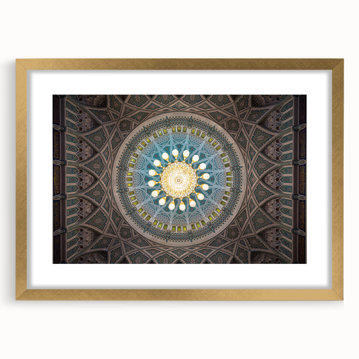 Extra large abstract art print depicting a textured Middle Eastern landscape in gold and earth tones on a framed canvas.