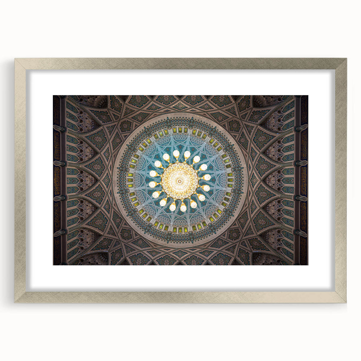 Textured art of abstract Middle Eastern scenery in silver frame, suited for bedroom decor.