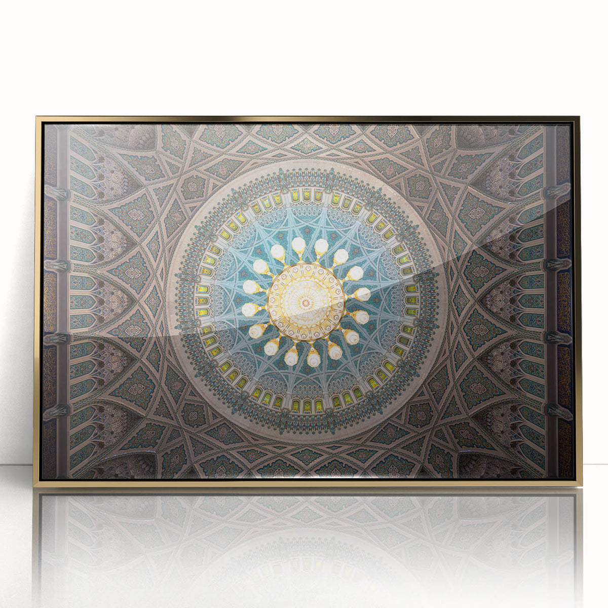 Acrylic print of a Middle-Eastern landscape in gold and earth tones, framed, suitable as modern art wall decor.