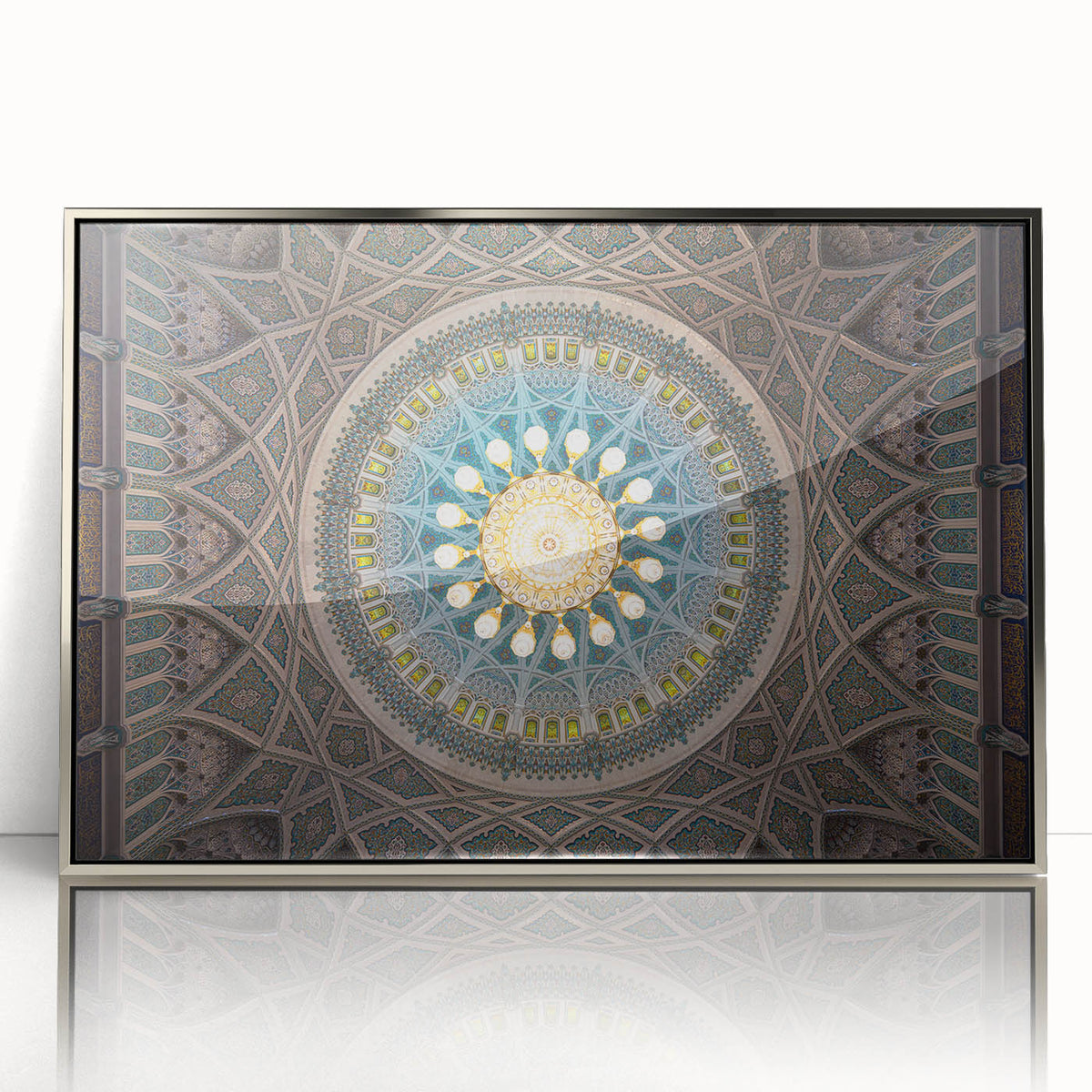 Mid-century modernist art depicting a serene Oman landscape in muted earth tones on a framed acrylic print.