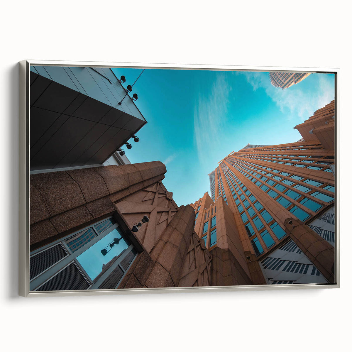 Landscape art painting of Charlotte, North Carolina skyline in colorful hues on a framed canvas, ideal for office decor.