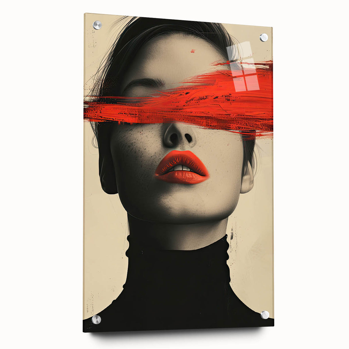 Abstract minimalist wall art design displayed in a side view, featuring vibrant colors on acrylic glass with visible pins, perfect for modern decor.