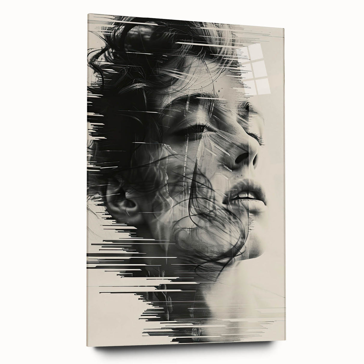 Abstract minimalist wall art design displayed in a sleek acrylic frame, showcasing smooth lines and soft color gradients, ideal for modern home decor.