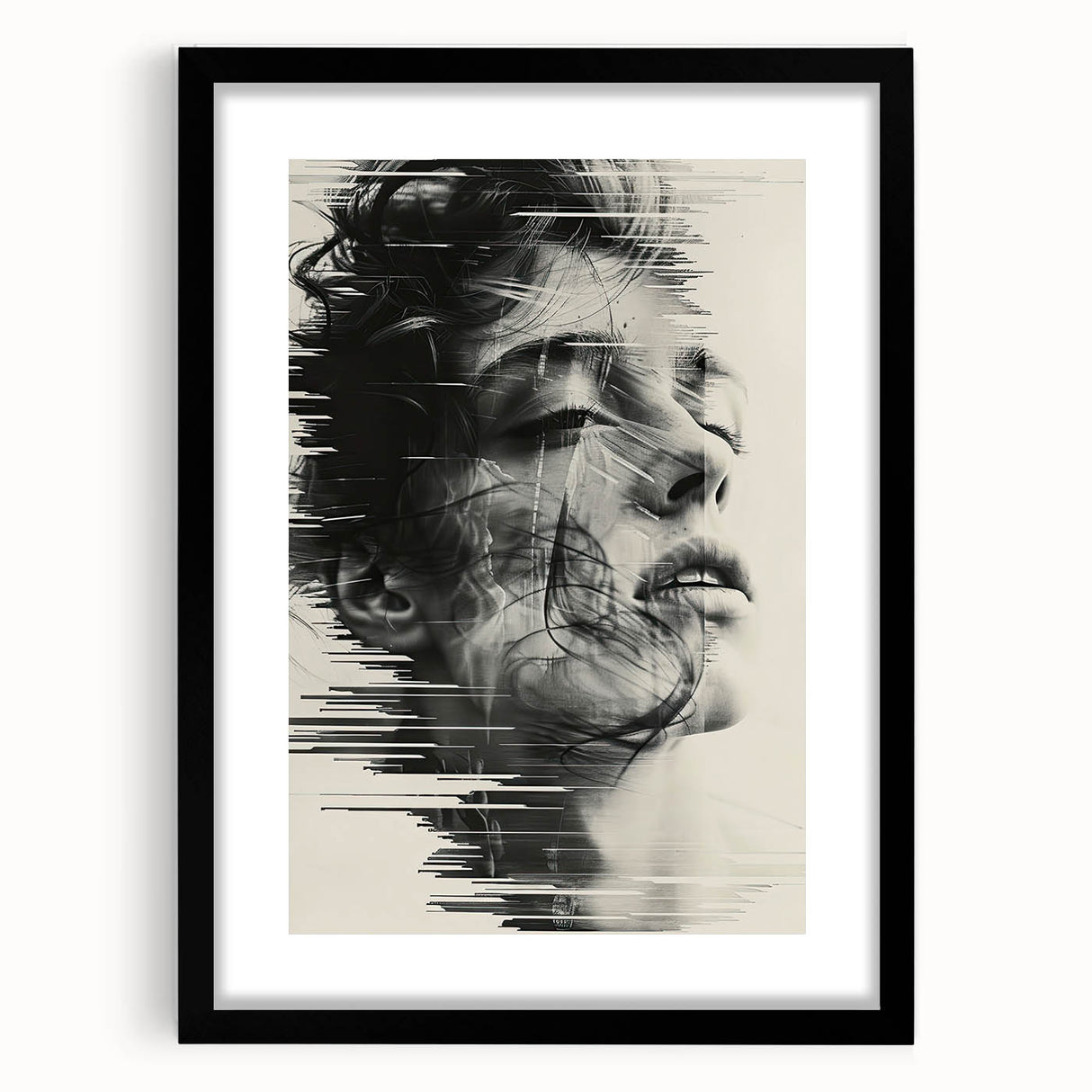 Abstract minimalist wall art framed in black with a white mat, showcasing geometric shapes and muted colors, perfect for modern home decor. Ideal for enhancing contemporary interior spaces.