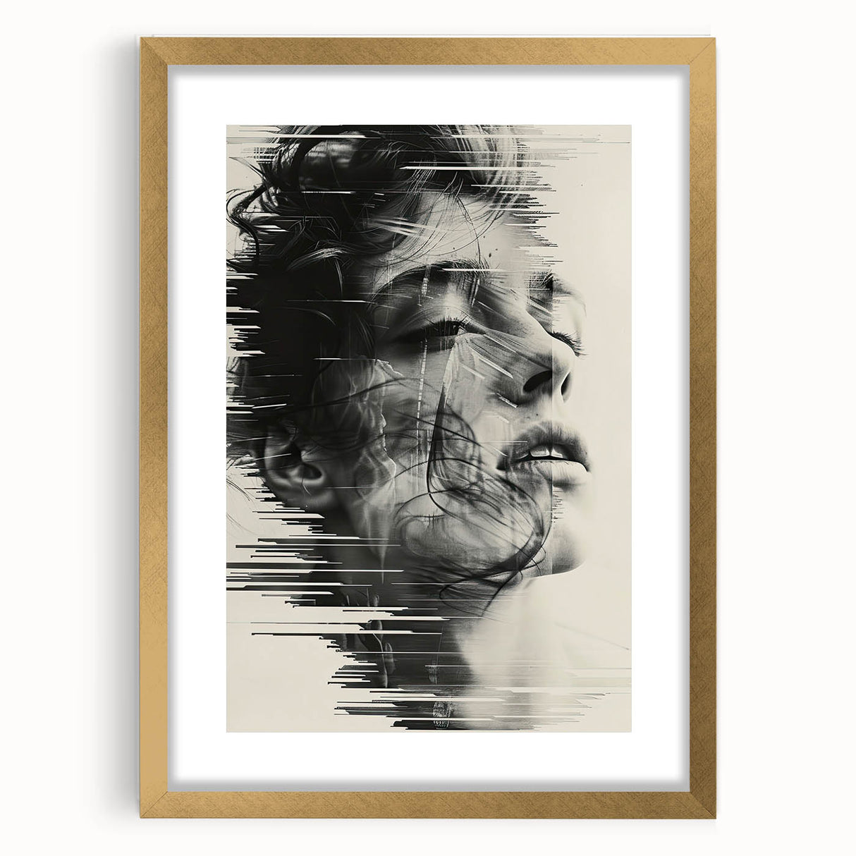 Abstract minimalist wall art framed in gold, featuring subtle geometric patterns and soft color gradients, perfect for modern home decor and interior design.