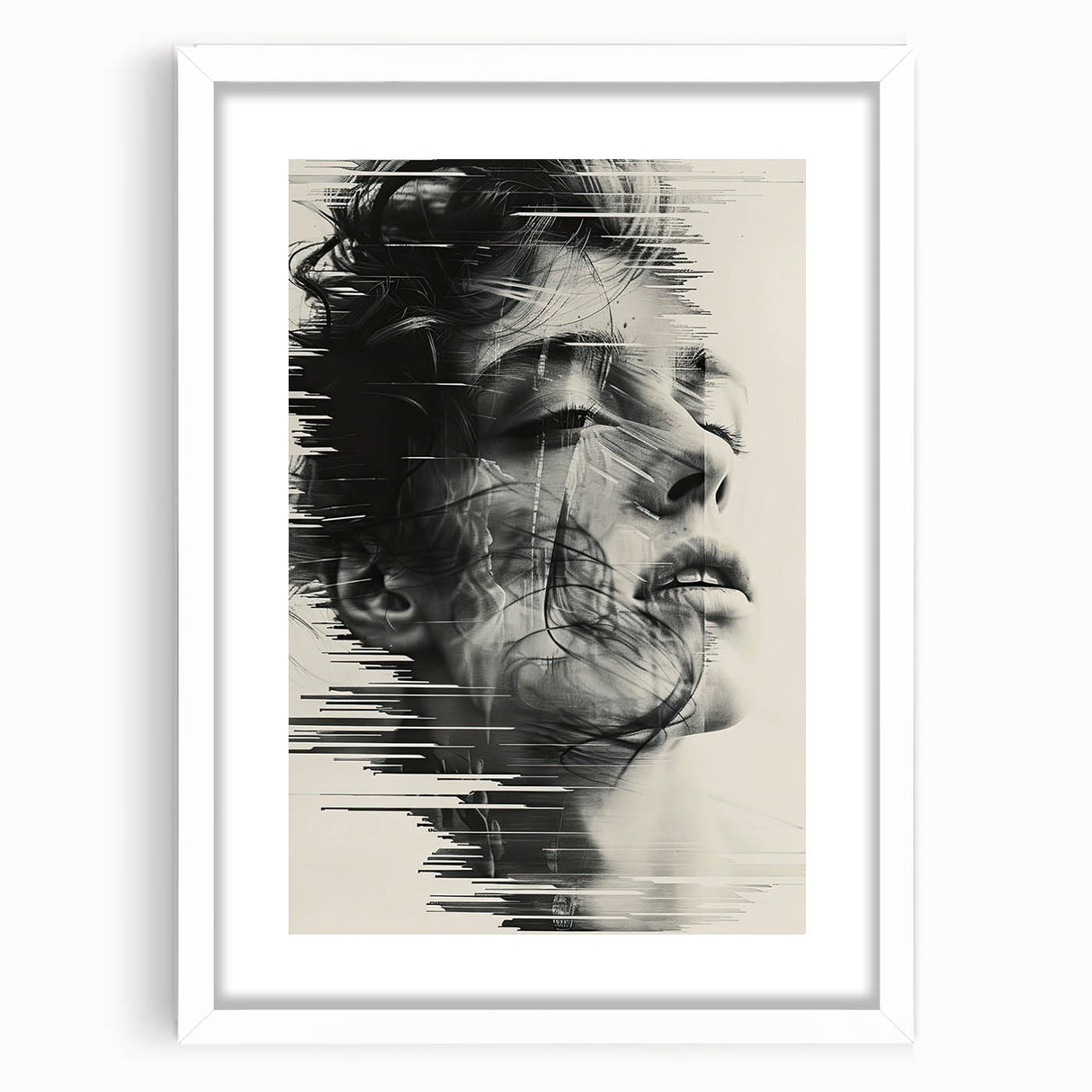 Abstract minimalist wall art framed with a white mat, showcasing soft pastel colors and geometric patterns, perfect for modern home decor or office spaces.