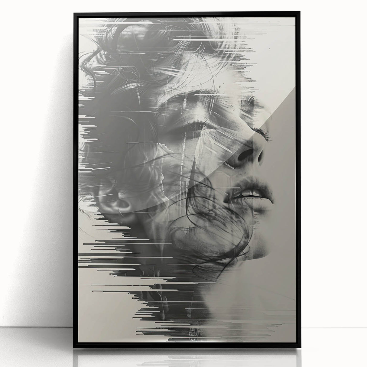 Framed abstract minimalist wall art in black featuring geometric shapes, displayed from the front, ideal for modern home decor and interior design aesthetics.