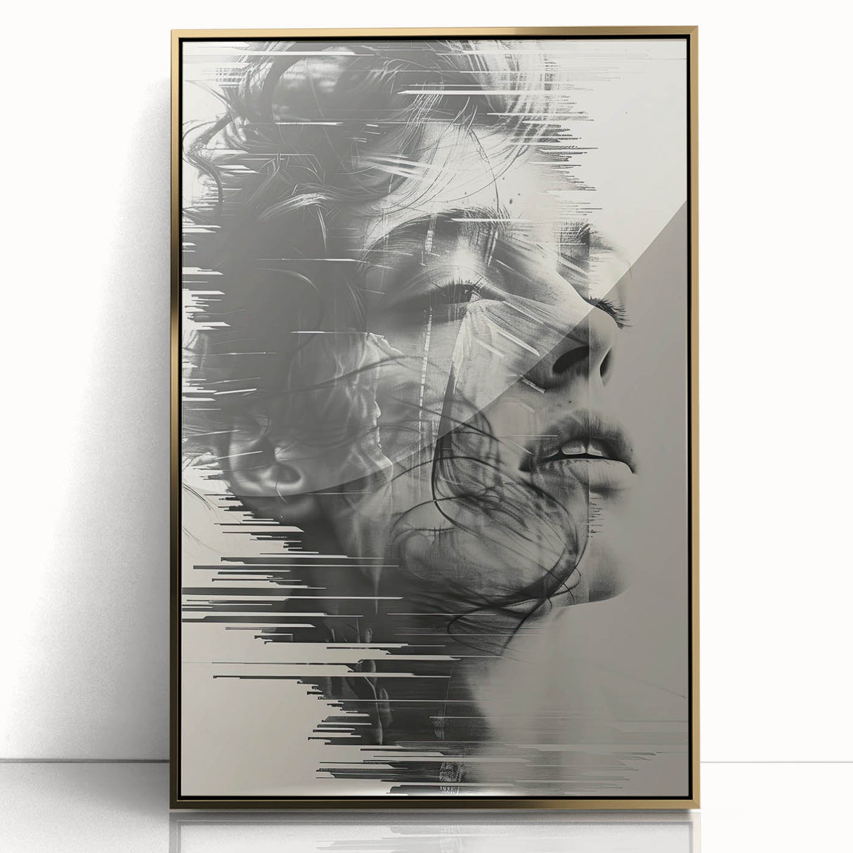 Abstract minimalist wall art featuring a framed gold-acrylic design, showcasing a sleek, modern aesthetic perfect for contemporary home decor. The artwork emphasizes clean lines and a sophisticated color palette, ideal for enhancing any room's ambiance.