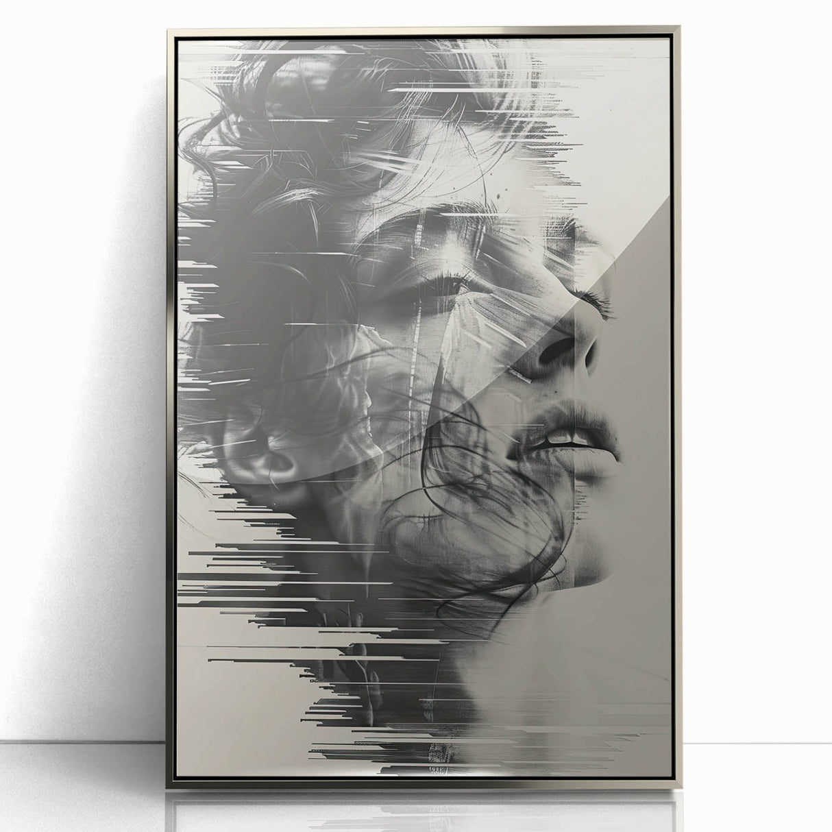 Framed minimalist abstract wall art featuring a sleek silver acrylic front, ideal for modern decor. Perfect for adding a stylish touch to any living space.