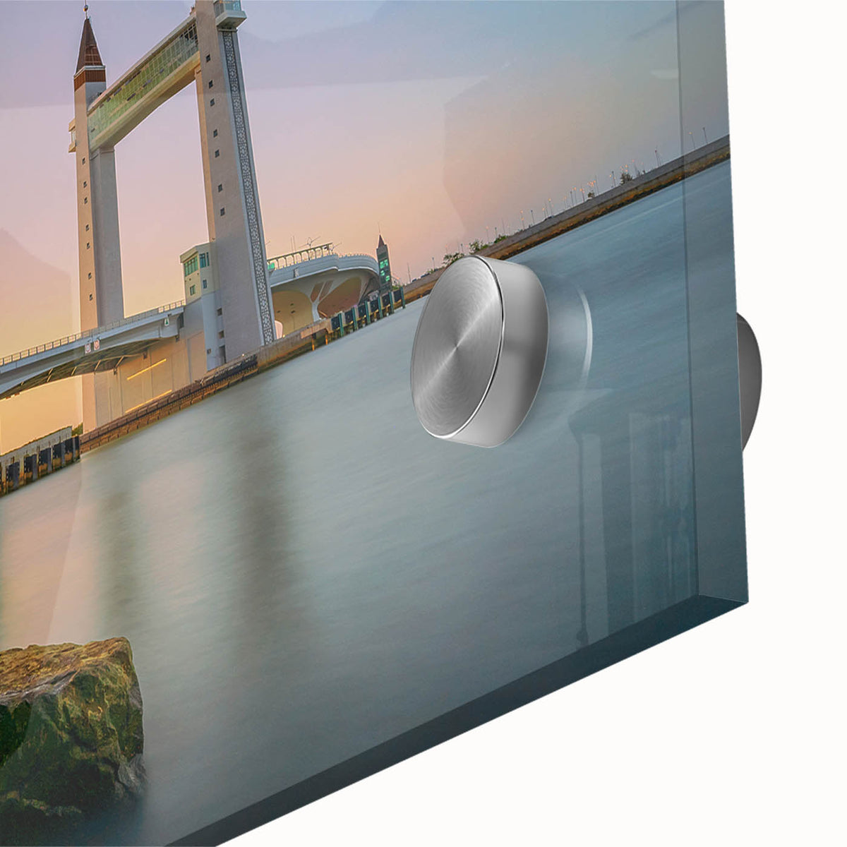 Large abstract depiction of the London skyline in muted gray and blue tones on acrylic glass, ideal for dining room art.