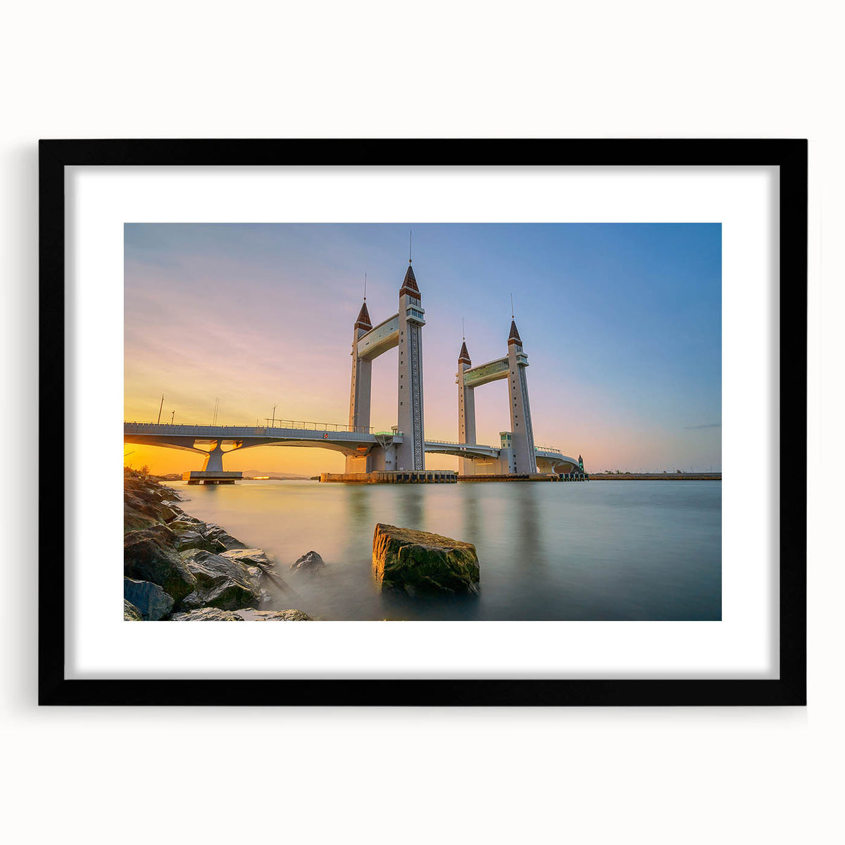 Extra large abstract art print of colorful, textured London scenery on a black framed canvas, ideal for living room decor.